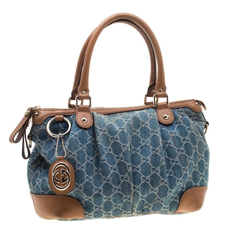 Gucci Blue/Tan GG Denim and Leather Medium Sukey Tote For Sale at 1stDibs