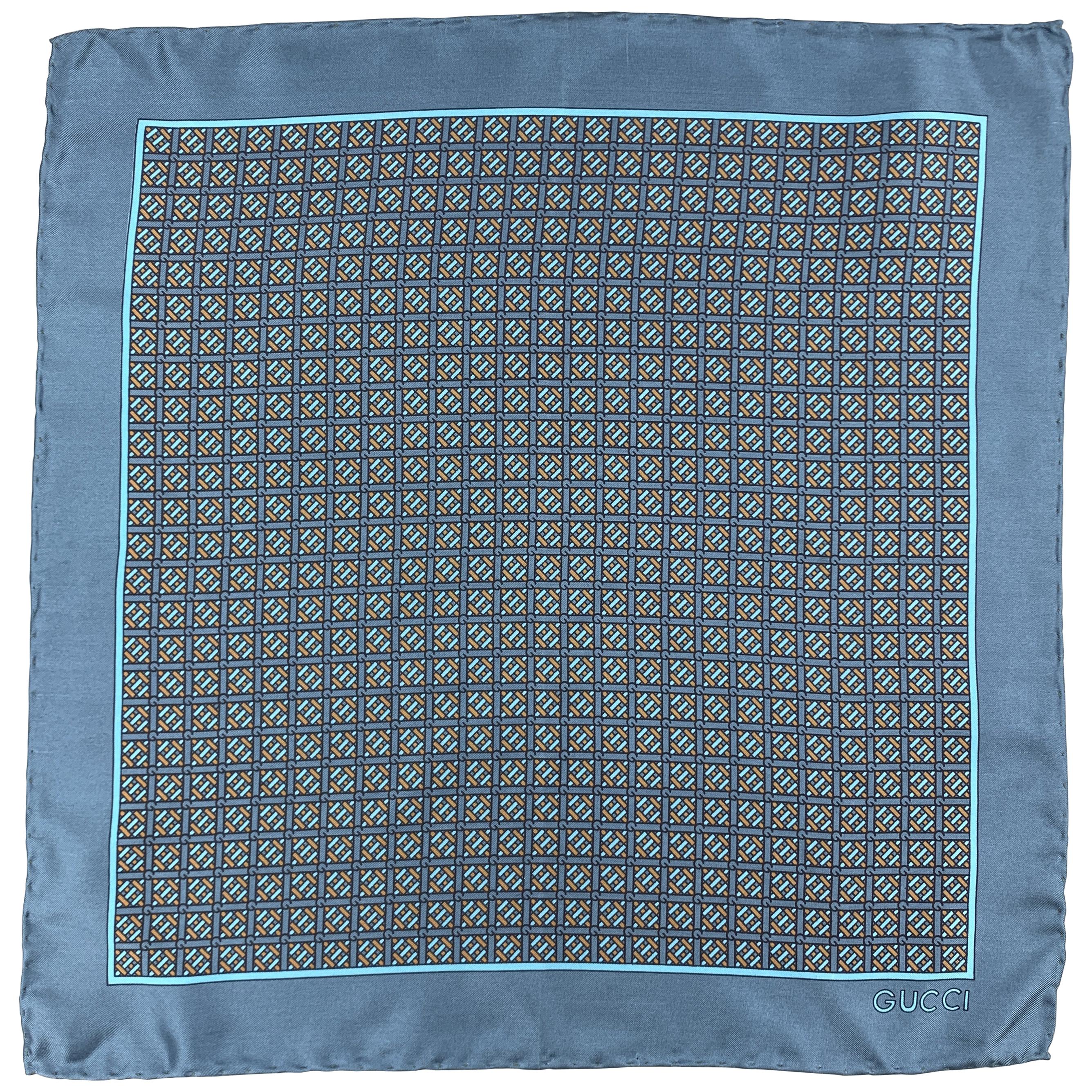 GUCCI Blue & Taupe Interlock G Monogram Silk Pocket Square