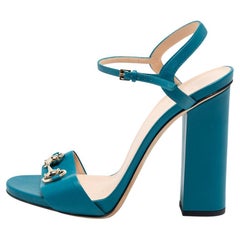 Gucci Blue Turquoise Leather Horsebit Block Heel Ankle-Strap Sandals Size 39