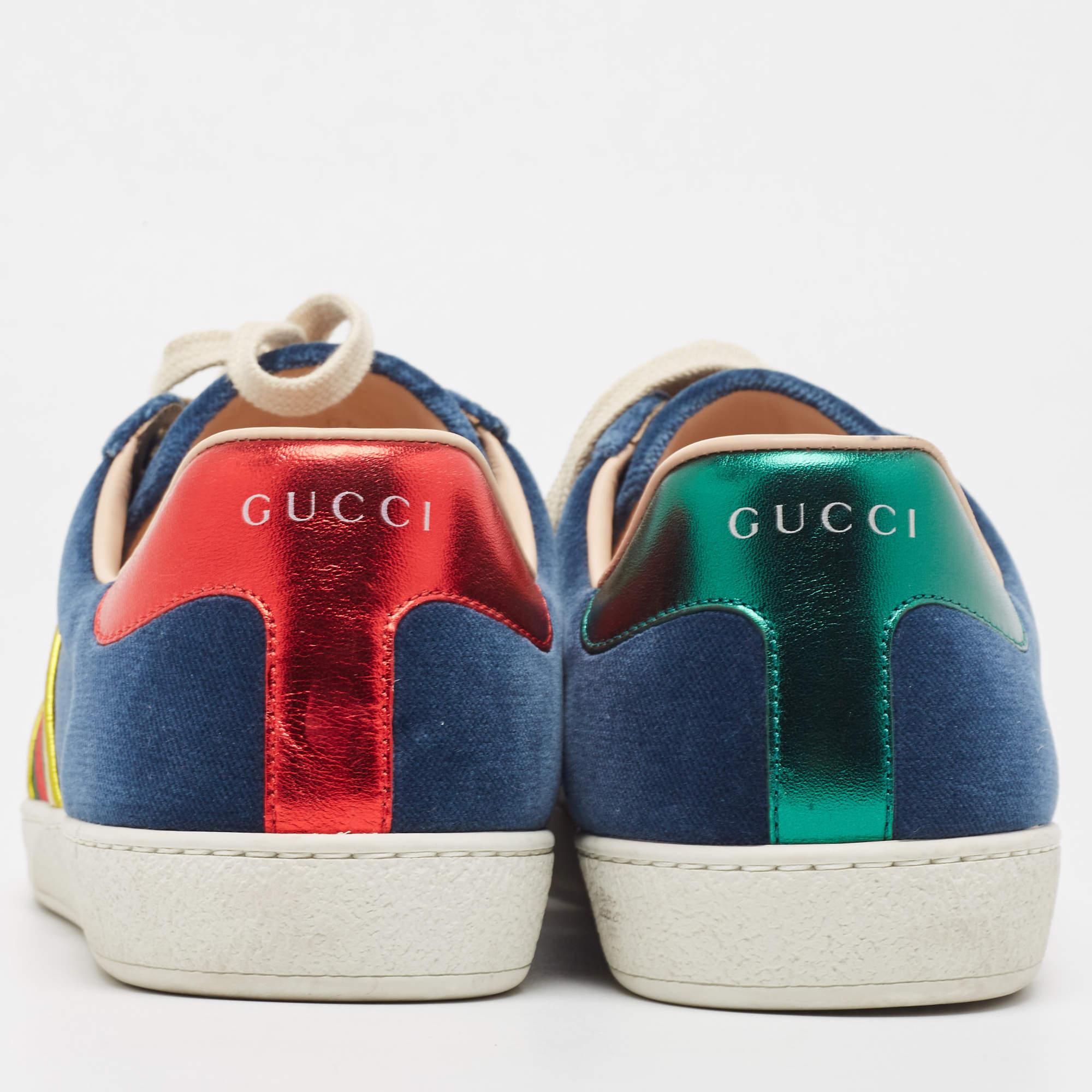 Men's Gucci Blue Velvet And Foil Leather Web Detail Ace Sneakers Size 42.5 For Sale
