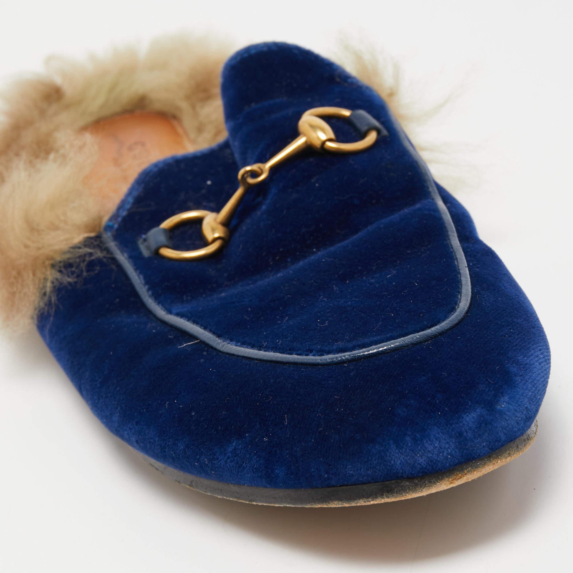 Gucci Blue Velvet and Fur Princetown Flat Mules Size 40 1
