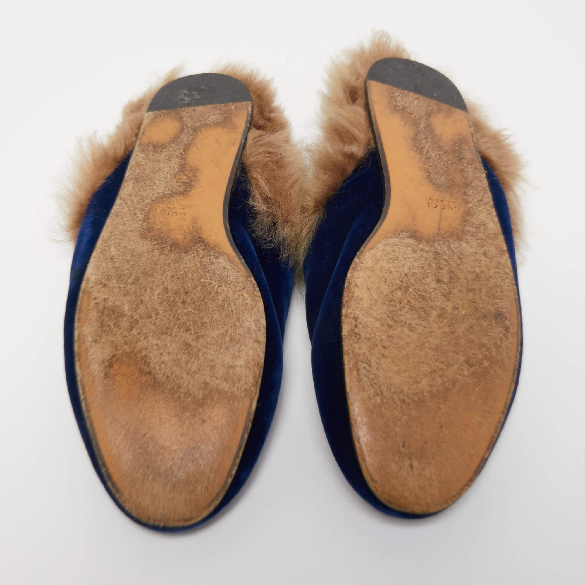 Gucci Blue Velvet and Fur Princetown Flat Mules Size 40 3