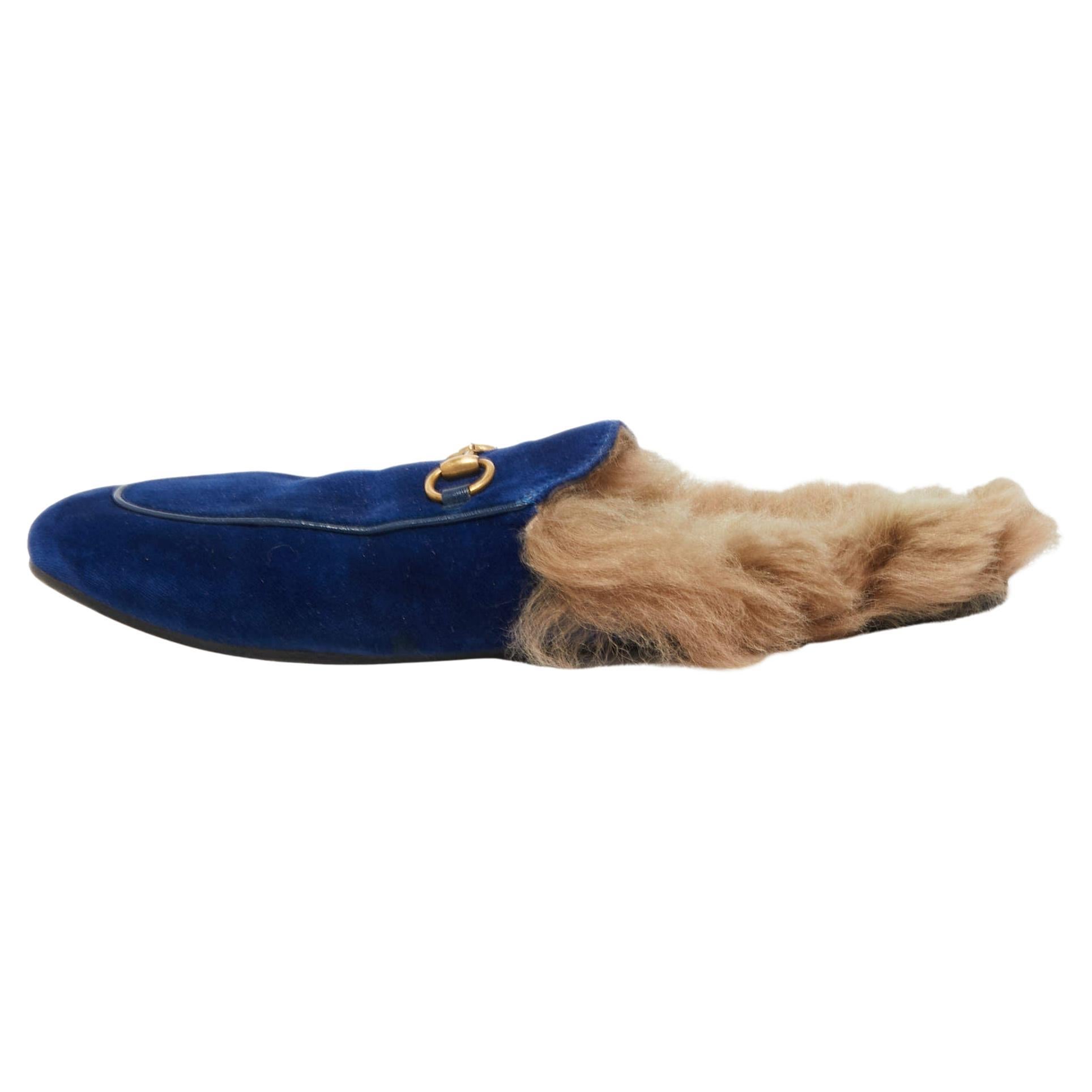 Gucci Blue Velvet and Fur Princetown Flat Mules Size 40