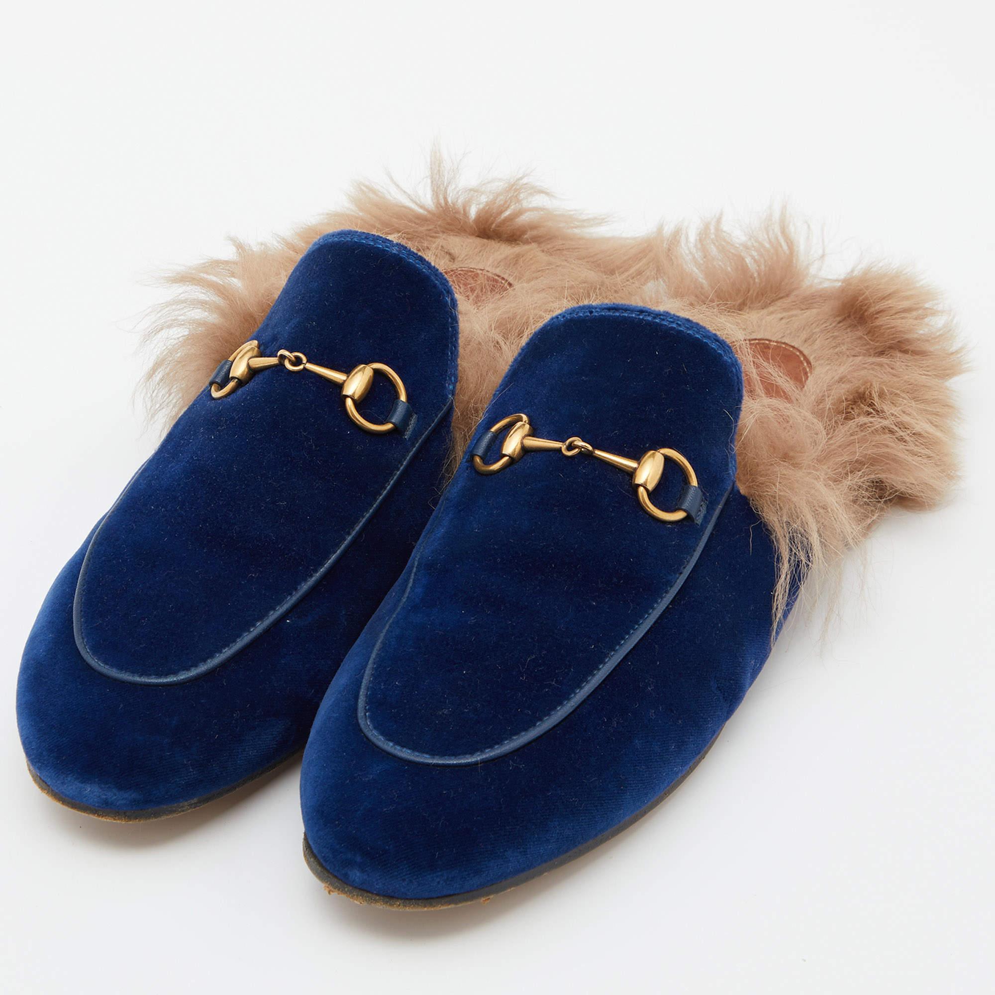 Women's Gucci Blue Velvet and Fur Princetown Mules Size 40.5
