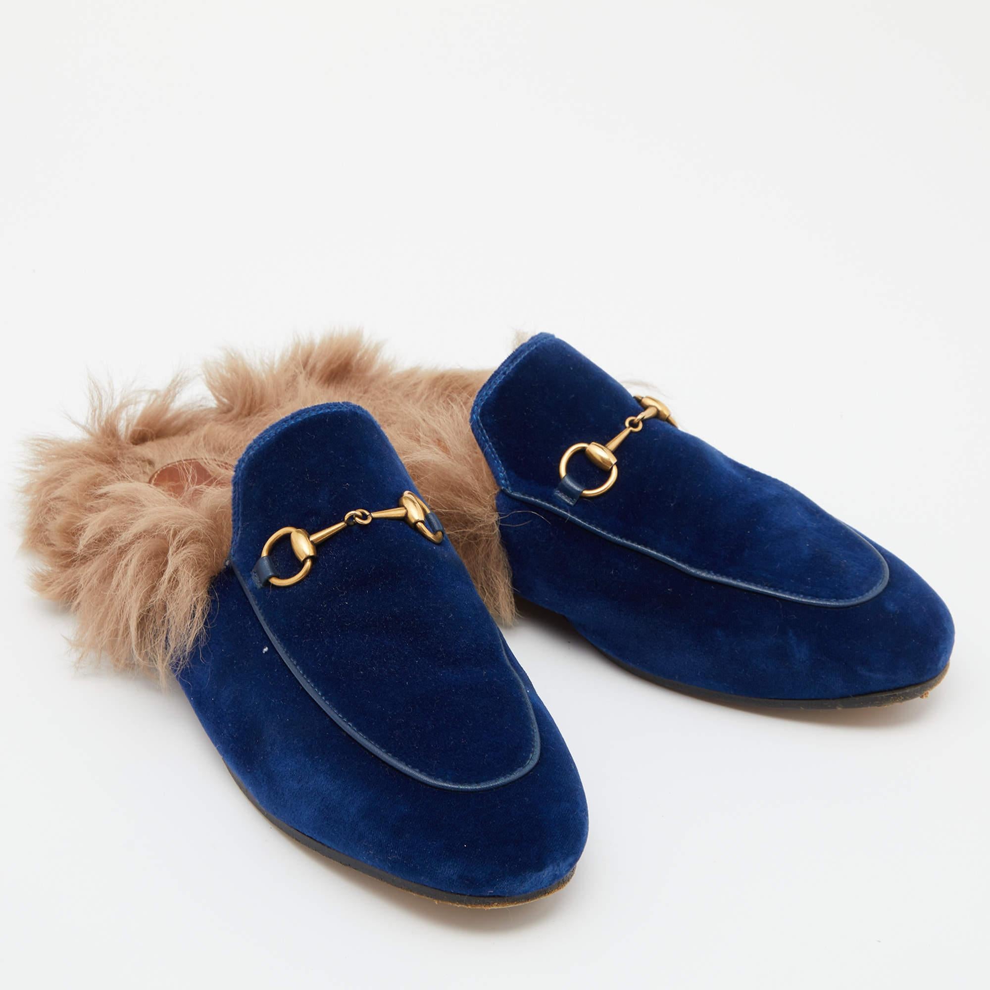 Gucci Blue Velvet and Fur Princetown Mules Size 40.5 1