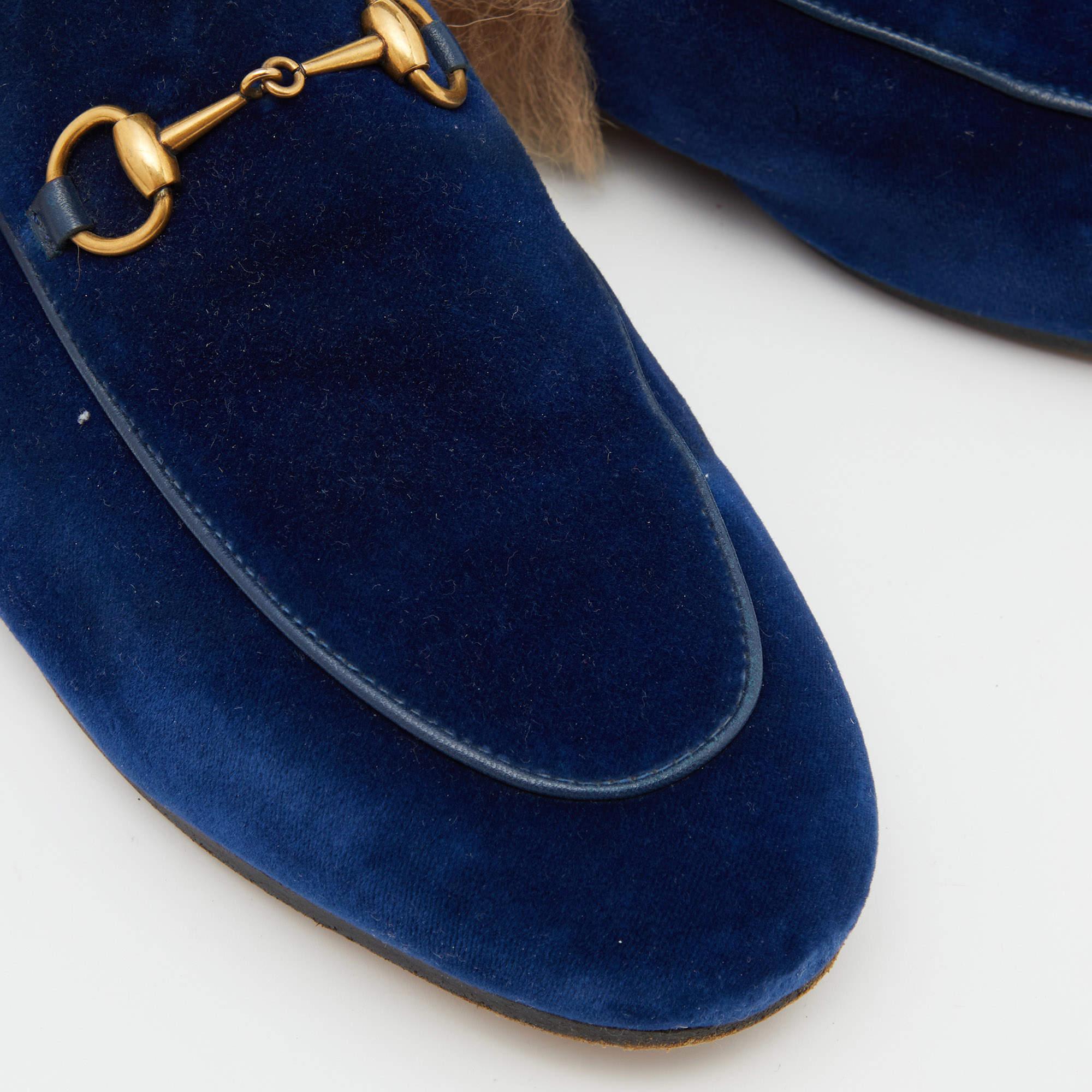 Gucci Blue Velvet and Fur Princetown Mules Size 40.5 2