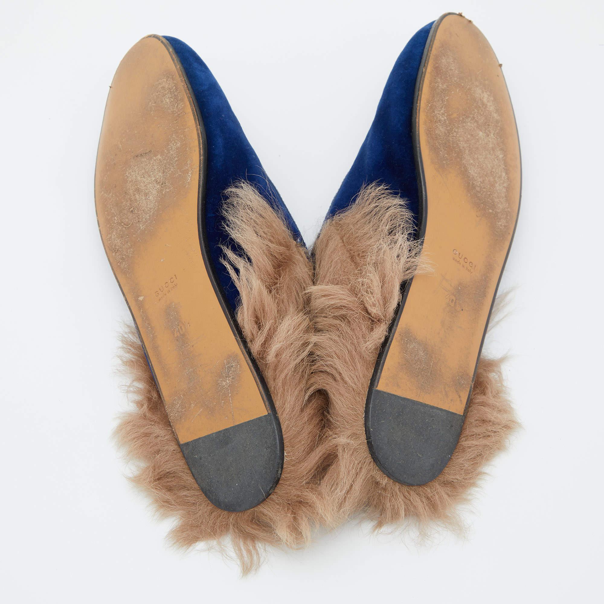 Gucci Blue Velvet and Fur Princetown Mules Size 40.5 4