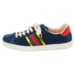 Gucci Blue Velvet and Leather Web Ace Sneakers Size 40