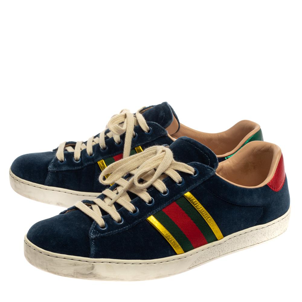 Gucci Blue Velvet And Leather Web Ace Sneakers Size 41.5 In Good Condition In Dubai, Al Qouz 2