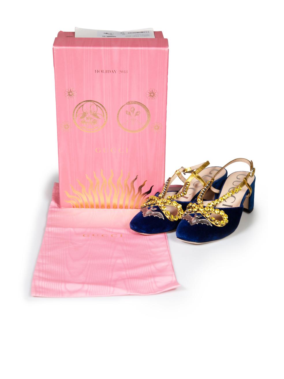 Gucci Blue Velvet Crystal Embellished Heels Size IT 38 For Sale 3