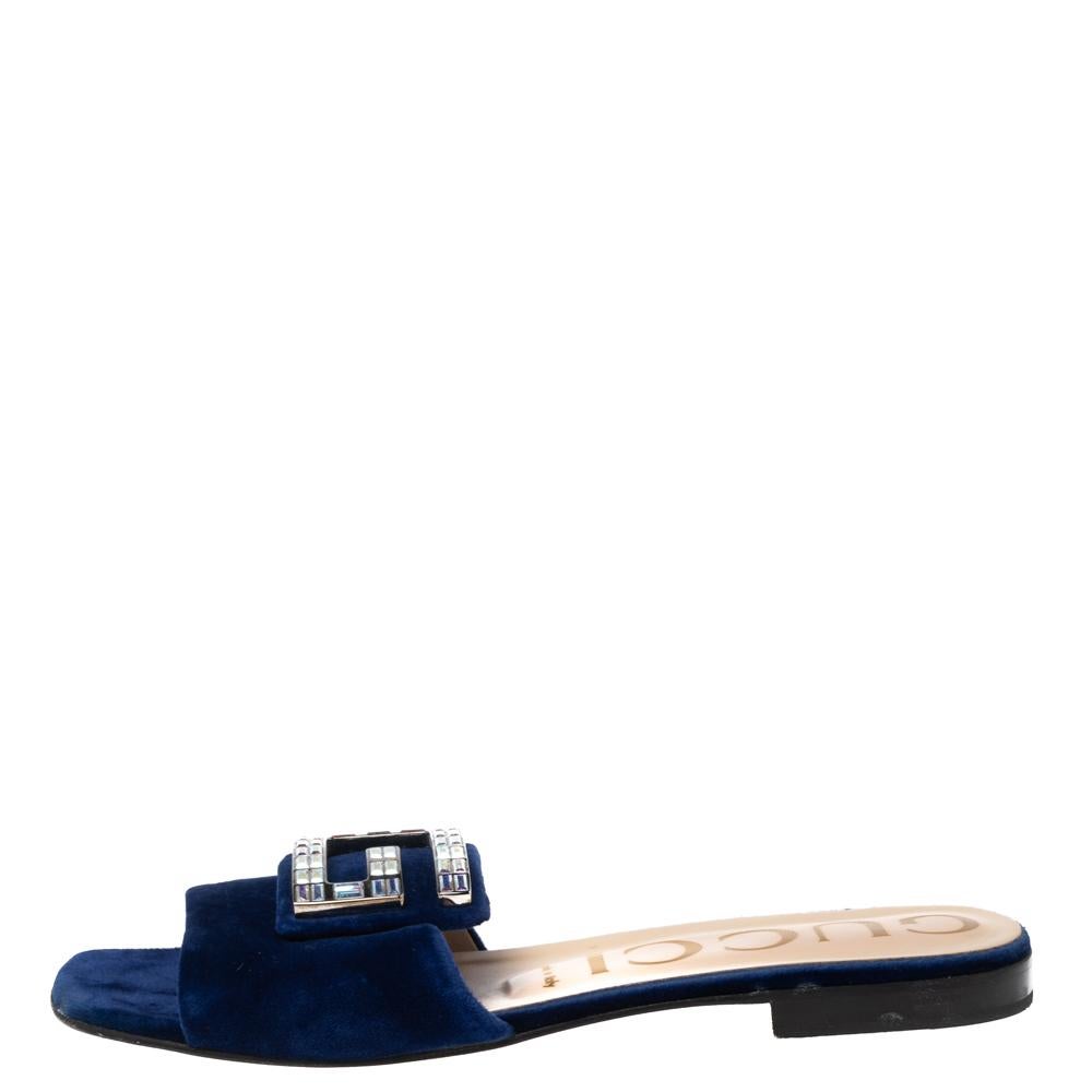 Women's Gucci Blue Velvet Crystal G Slide Sandals Size 37.5