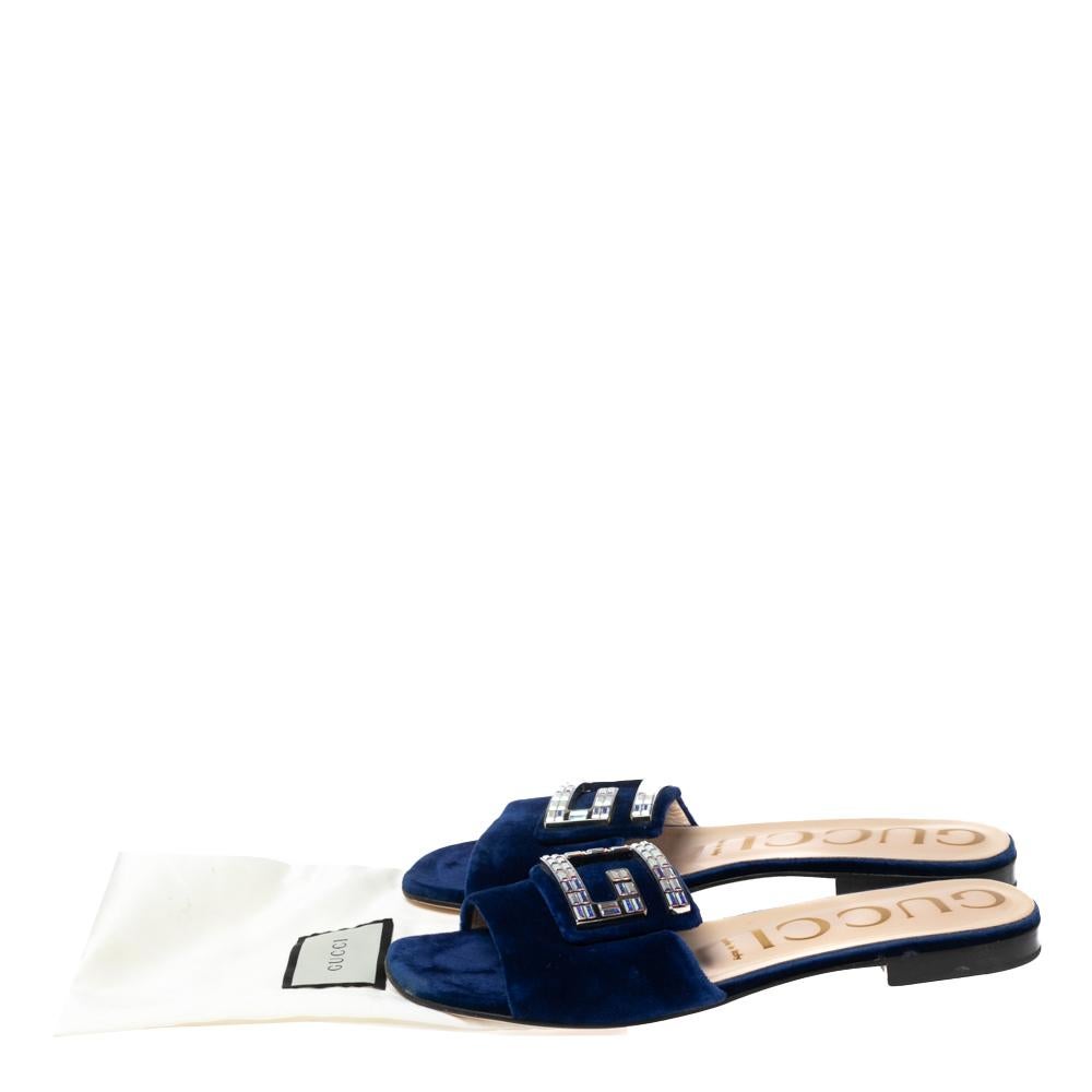 Gucci Blue Velvet Crystal G Slide Sandals Size 37.5 1