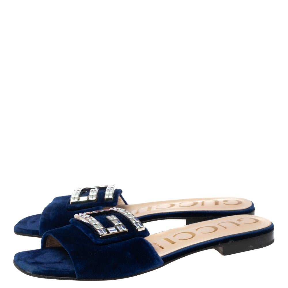 Gucci Blue Velvet Crystal G Slide Sandals Size 37.5 1