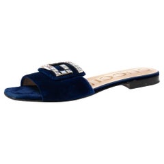 Gucci Blue Velvet Crystal G Slide Sandals Size 37.5