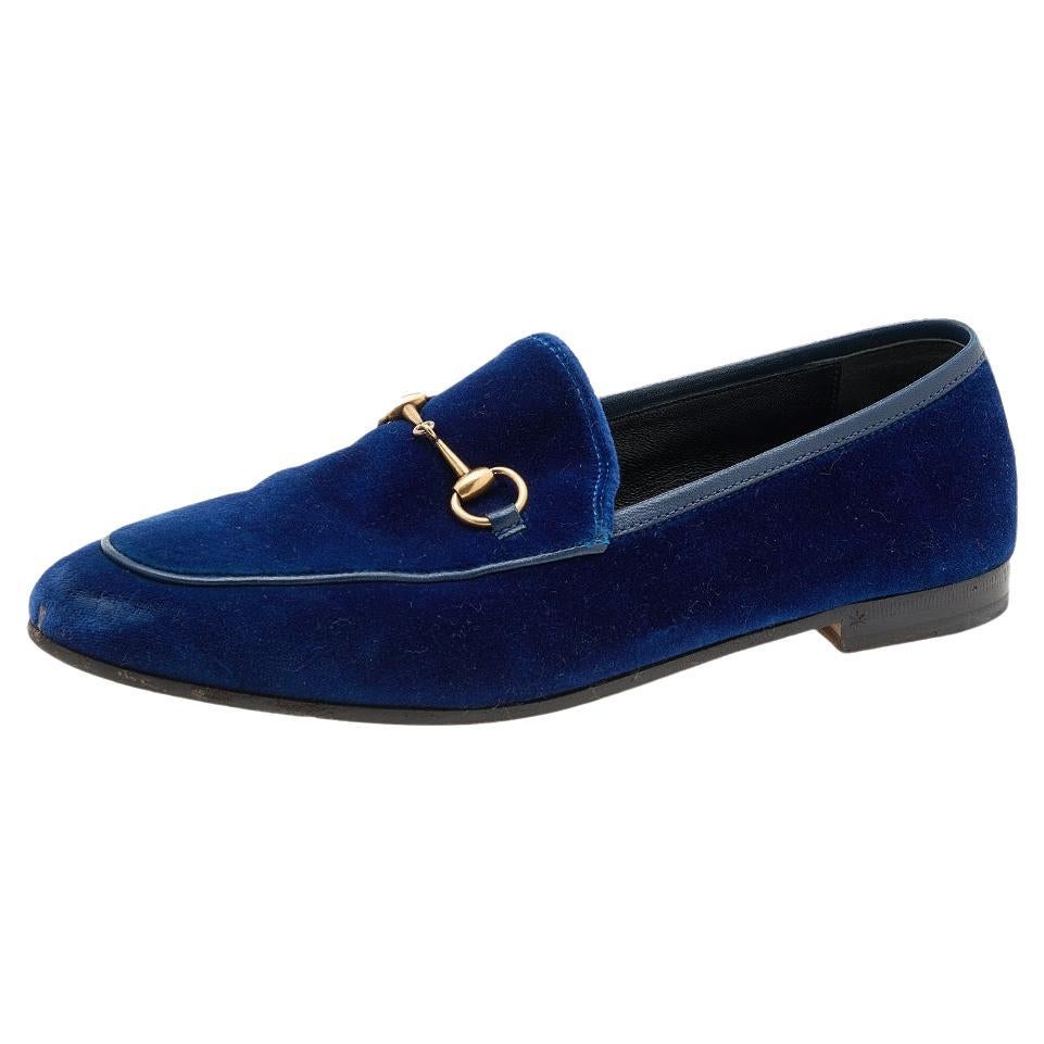 Gucci Blue Velvet Horsebit Slip on Jordaan Loafers Size 39