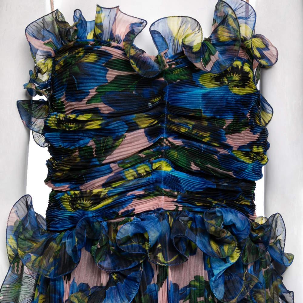 Women's Gucci Blue Violet Printed Silk Organza Ruffle Trimmed Plisse Maxi Dress M