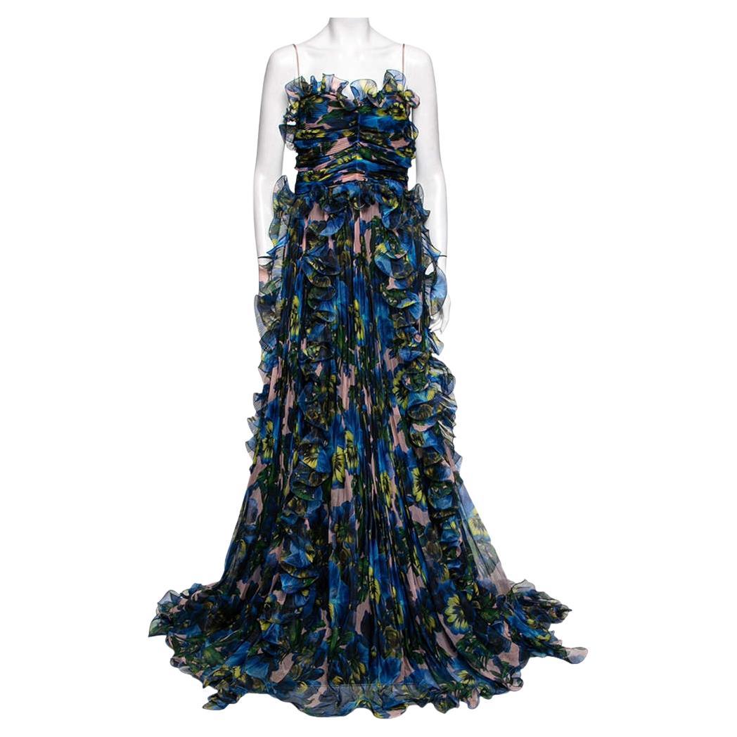 Gucci Blue Violet Printed Silk Organza Ruffle Trimmed Plisse Maxi Dress M