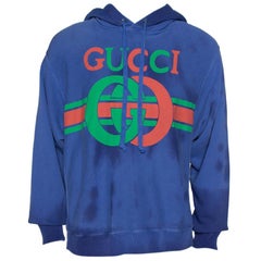 Gucci Blue Washed Out Effect Cotton Knit Interlocking GG Print Hoodie M