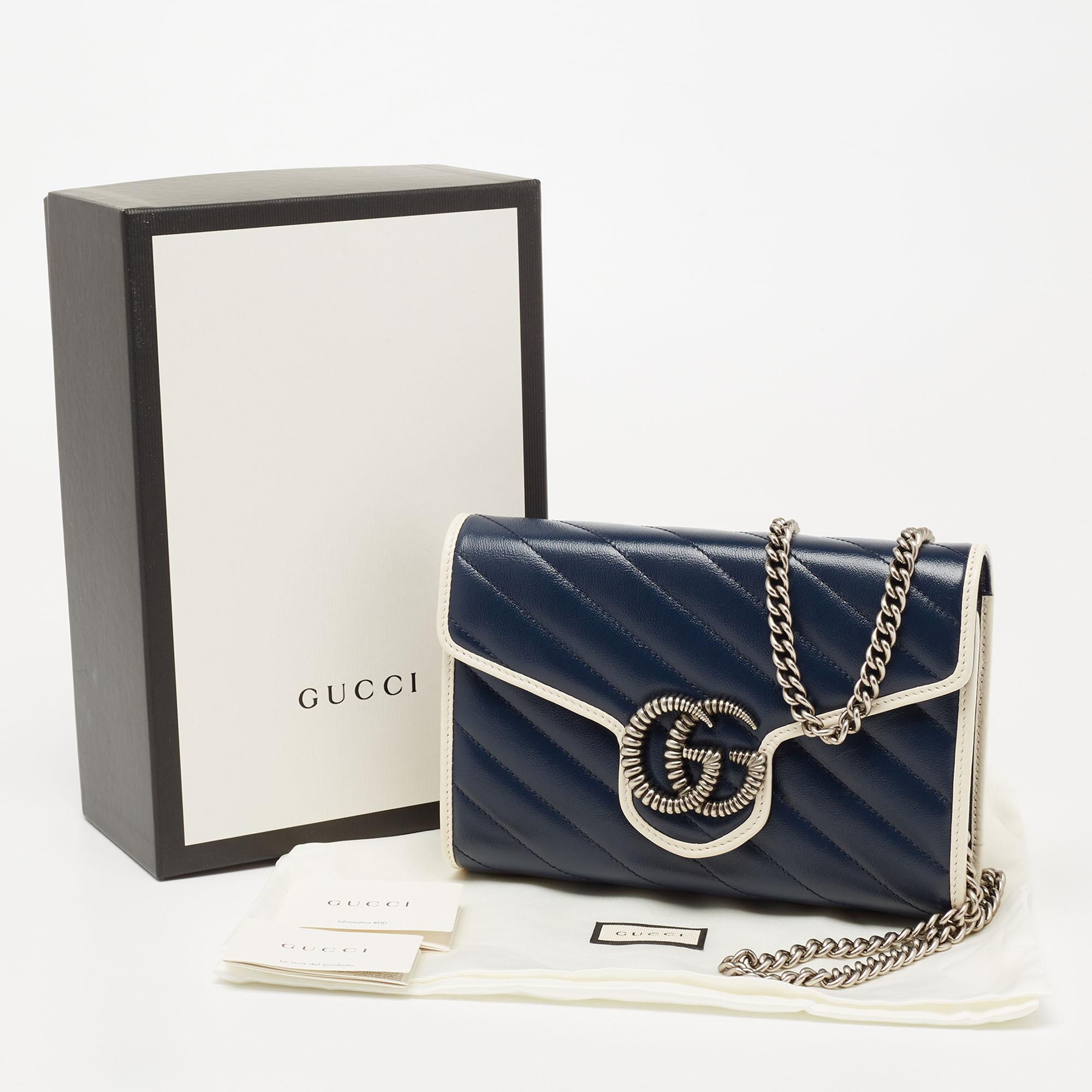 Gucci Blue/White Diagonal Leather GG Marmont Torchon Wallet On Chain 7