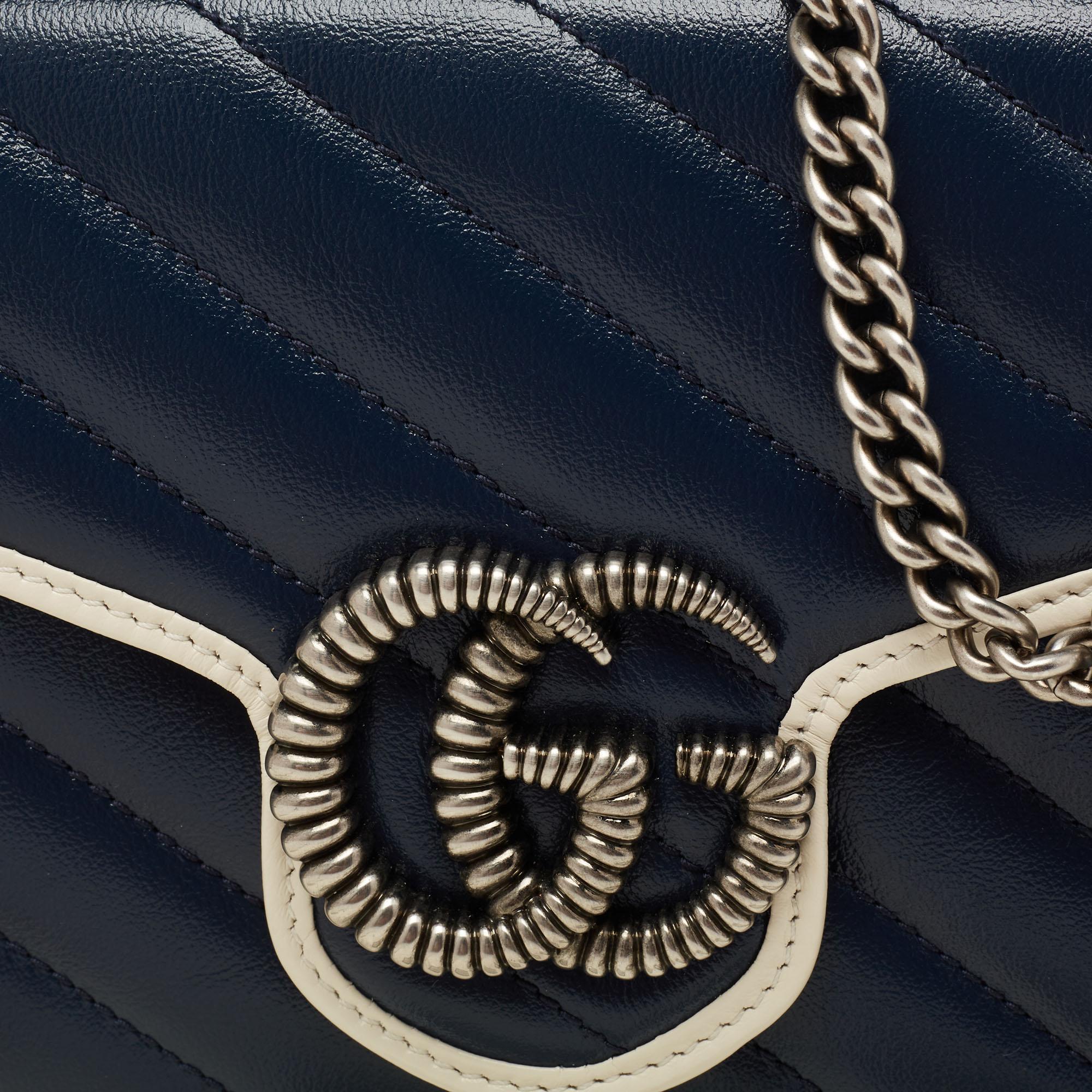 Gucci Blue/White Diagonal Leather GG Marmont Torchon Wallet On Chain 1