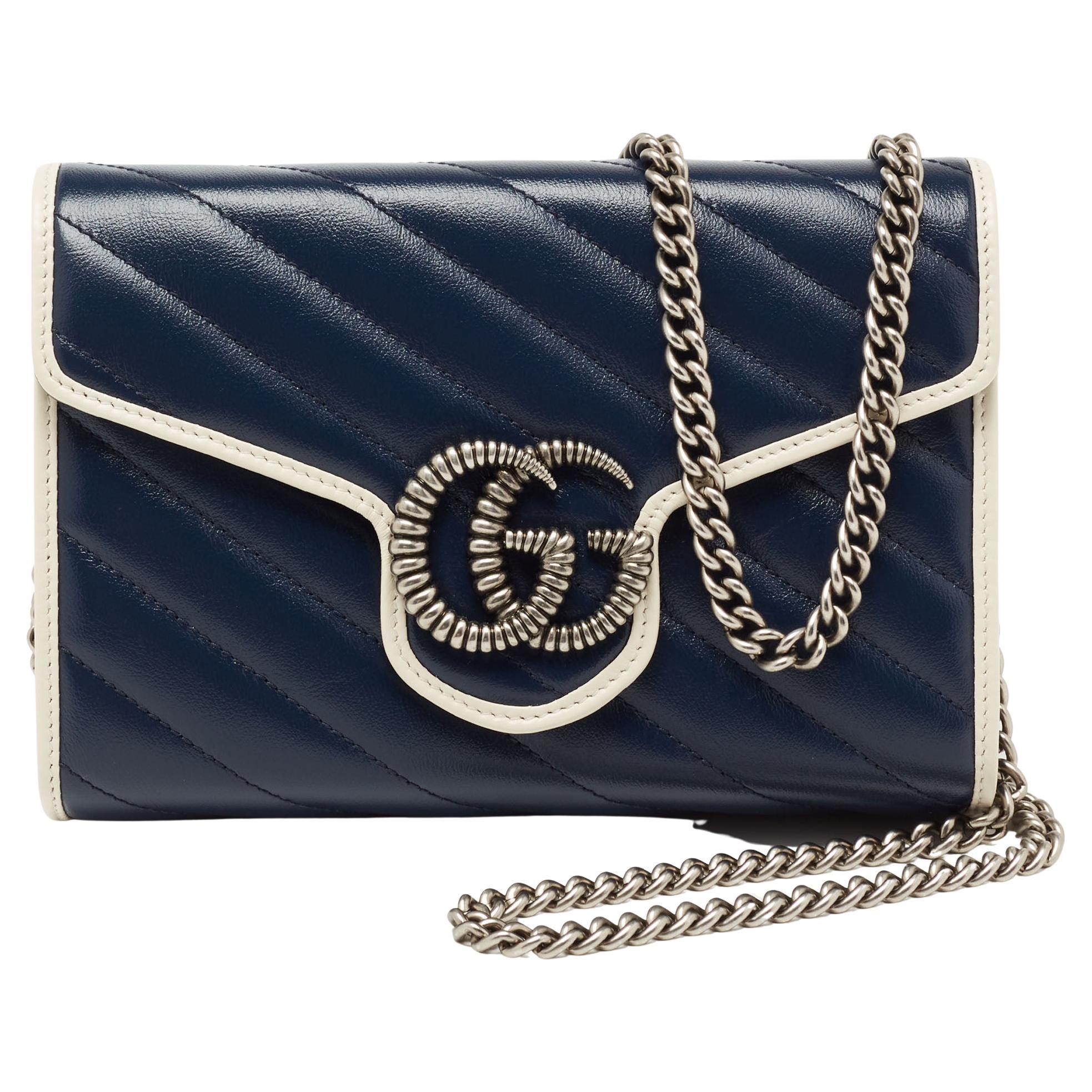 Gucci Blue/White Diagonal Leather GG Marmont Torchon Wallet On Chain