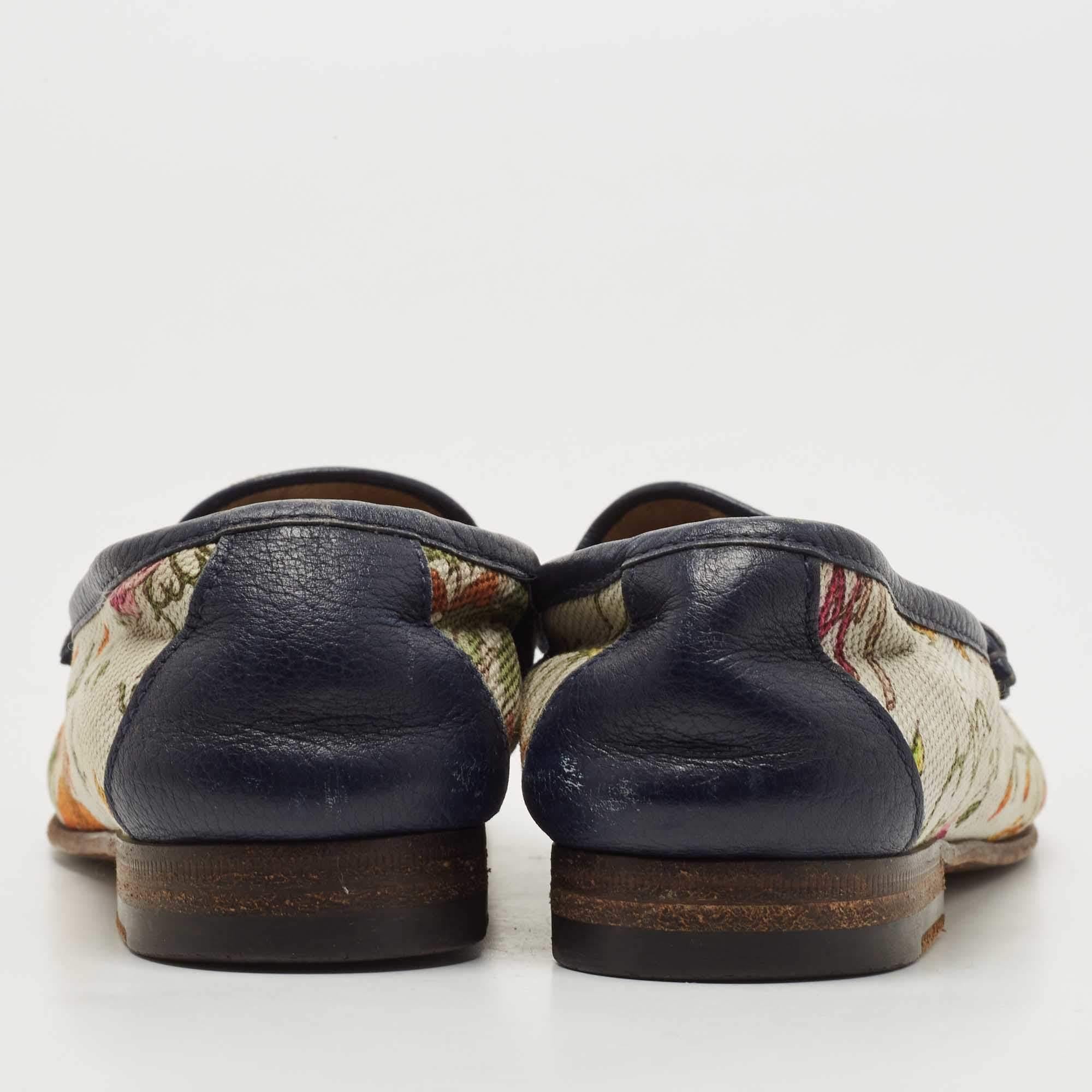 Women's Gucci Blue/White Leather & Floral Print Canvas 1953 Horsebit Loafers Size 36 For Sale