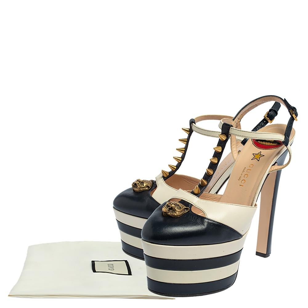 Women's Gucci Blue/White Leather Spike-Embellished Platform Sandals Size 39