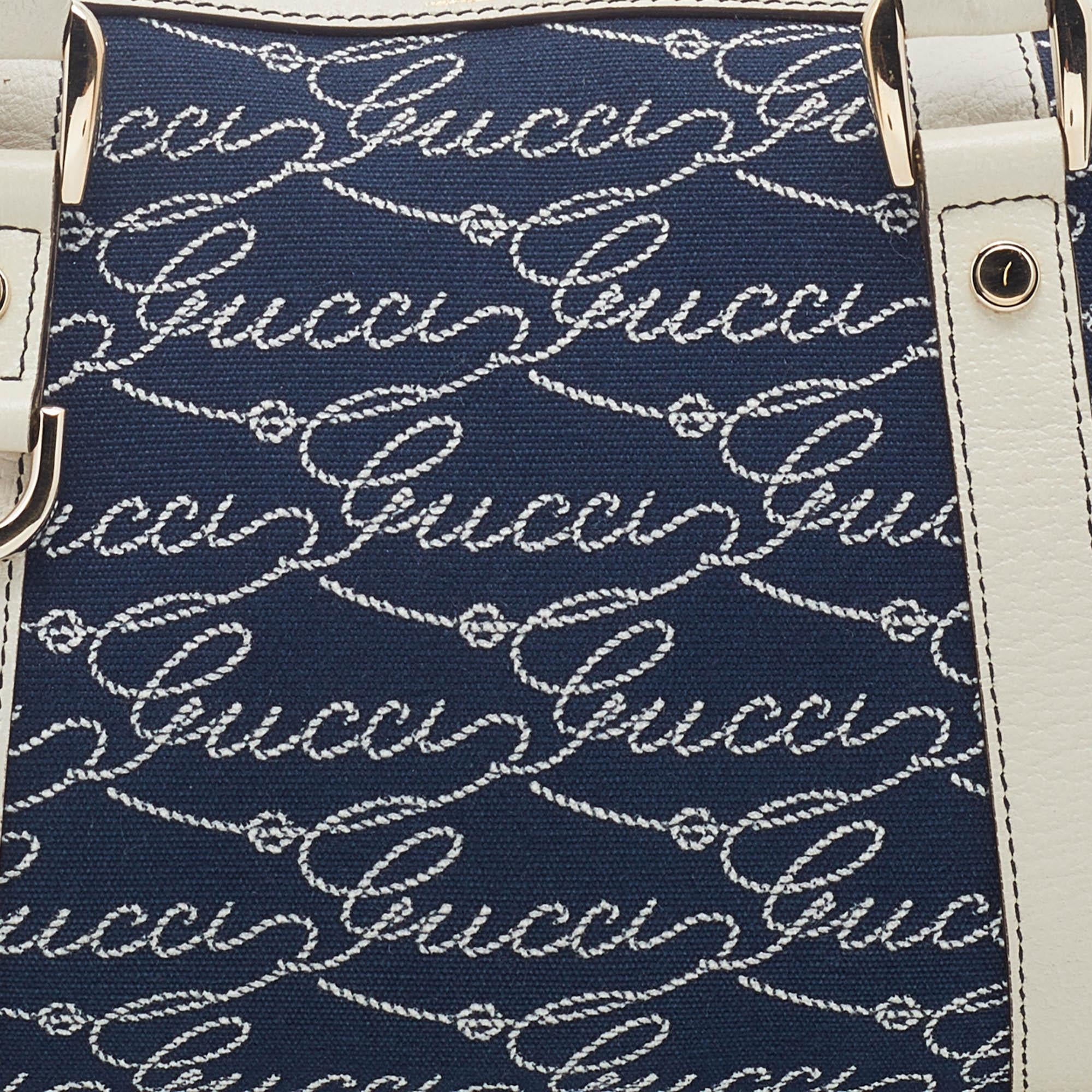 Gucci Blue/White Logo Script Canvas And Leather Joy Boston Bag 6