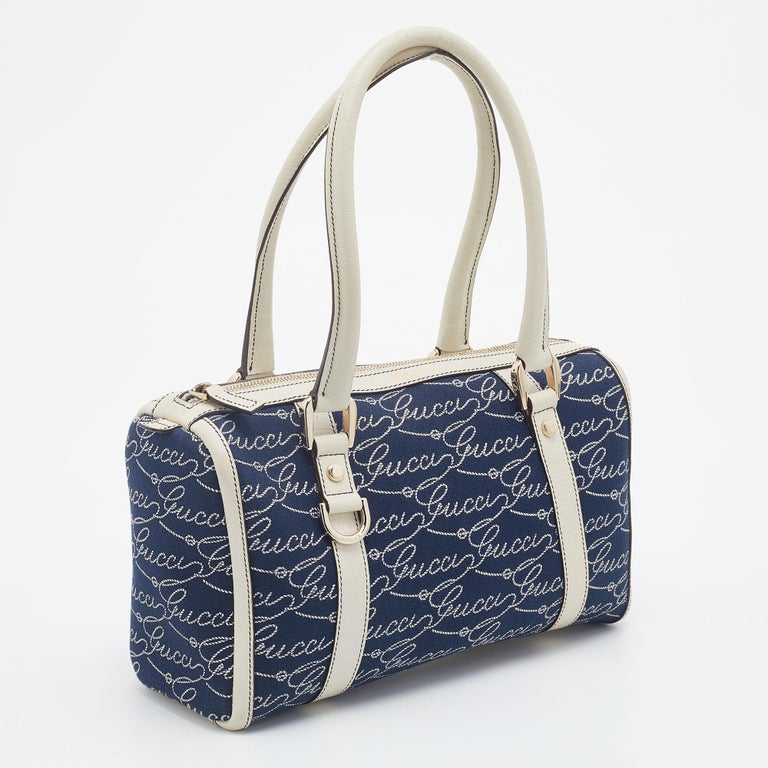 Gucci Blue/White Logo Script Canvas And Leather Joy Boston Bag For Sale ...