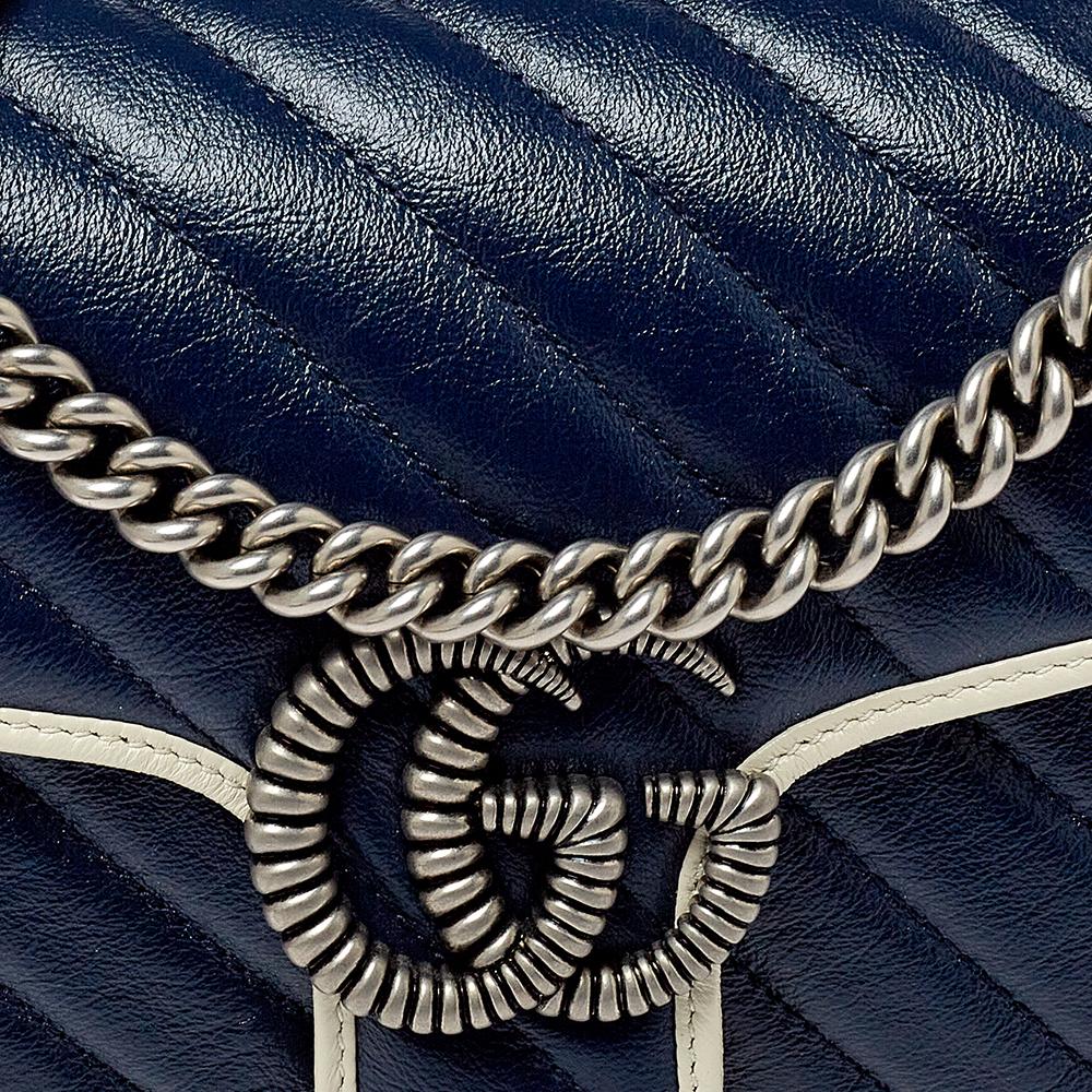 Black Gucci Blue/White Matelasse Leather Small GG Marmont Torchon Shoulder Bag