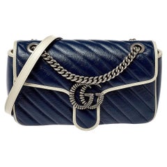 Gucci Blue/White Matelasse Leather Small GG Marmont Torchon Shoulder Bag