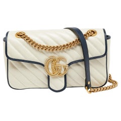 Used Gucci Blue/White Matelasse Leather Small GG Marmont Torchon Shoulder Bag