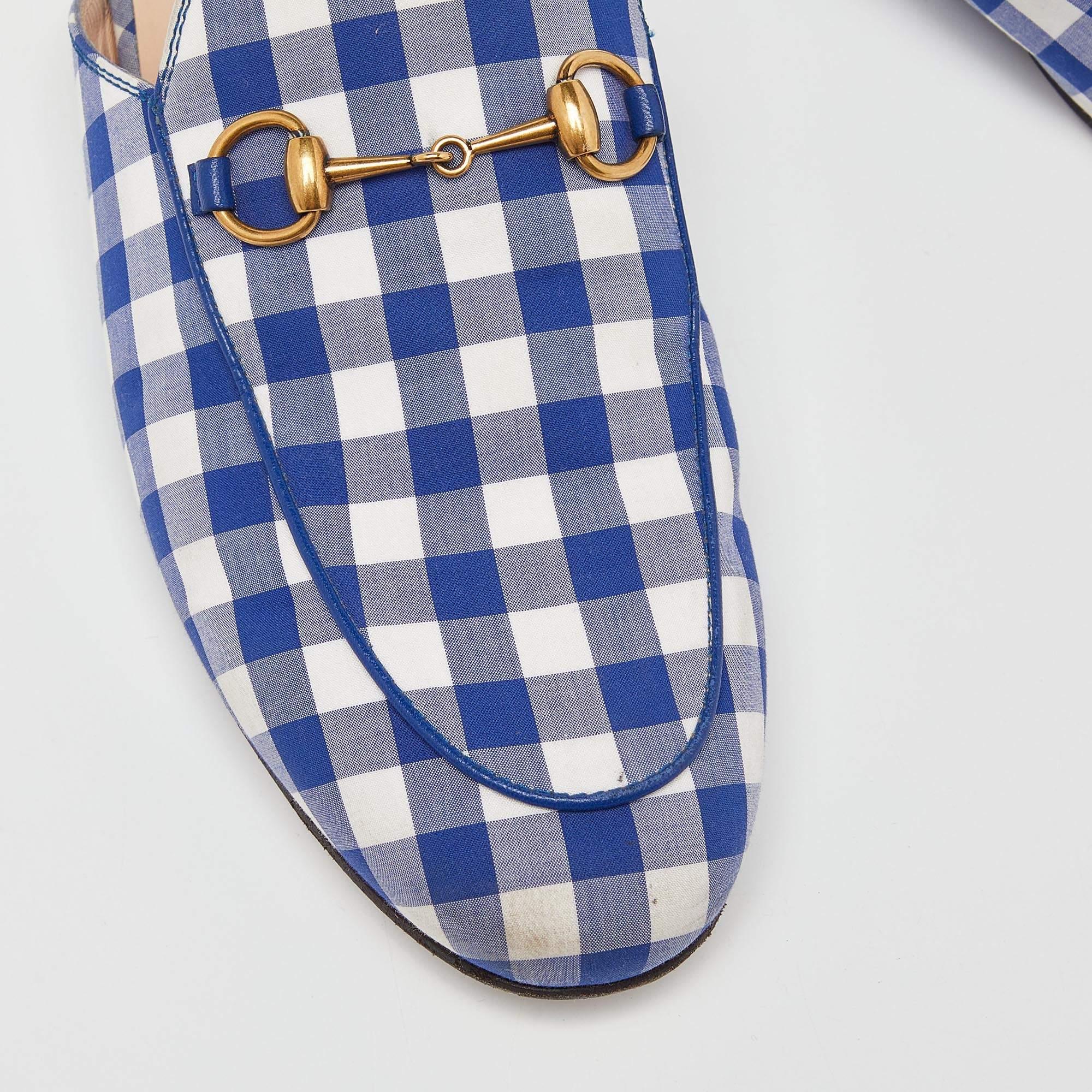 Women's Gucci Blue/White Plaid Fabric Princetown Flat Mules Size 38 For Sale