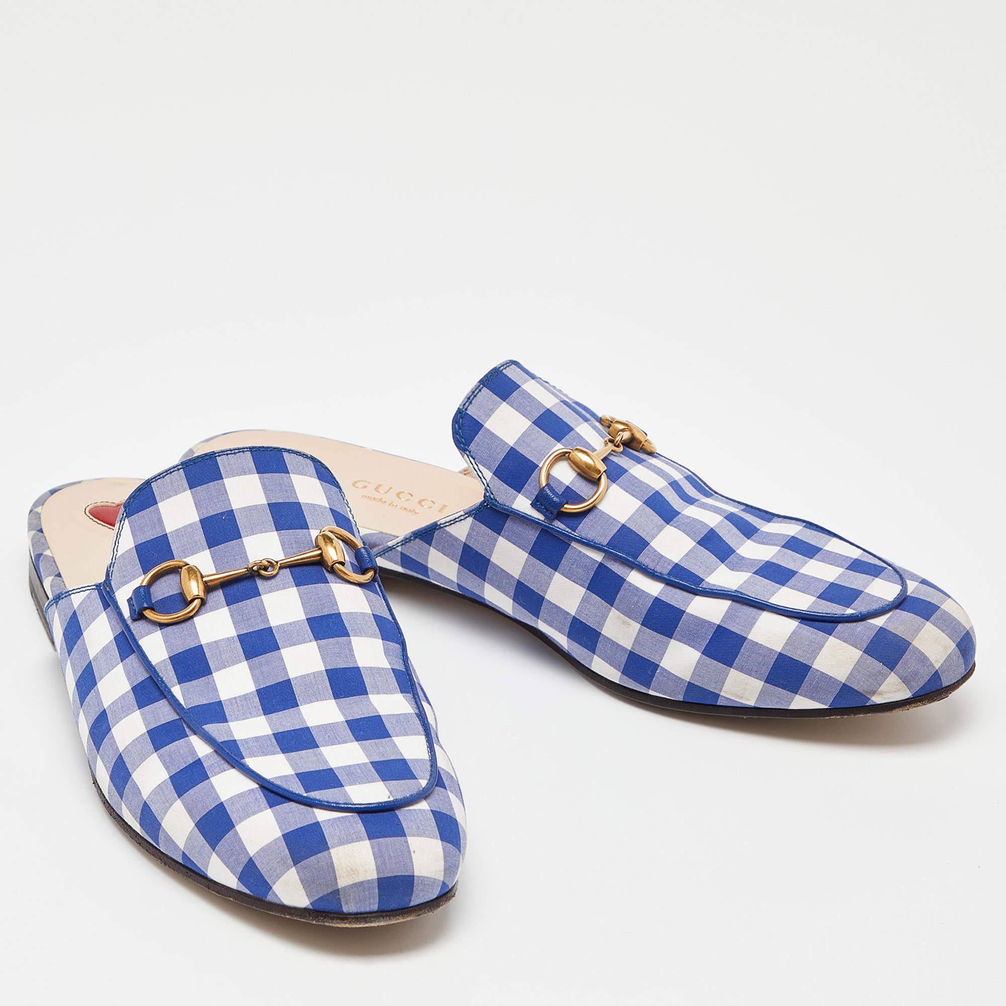 Gucci Blue/White Plaid Fabric Princetown Flat Mules Size 38 For Sale 1