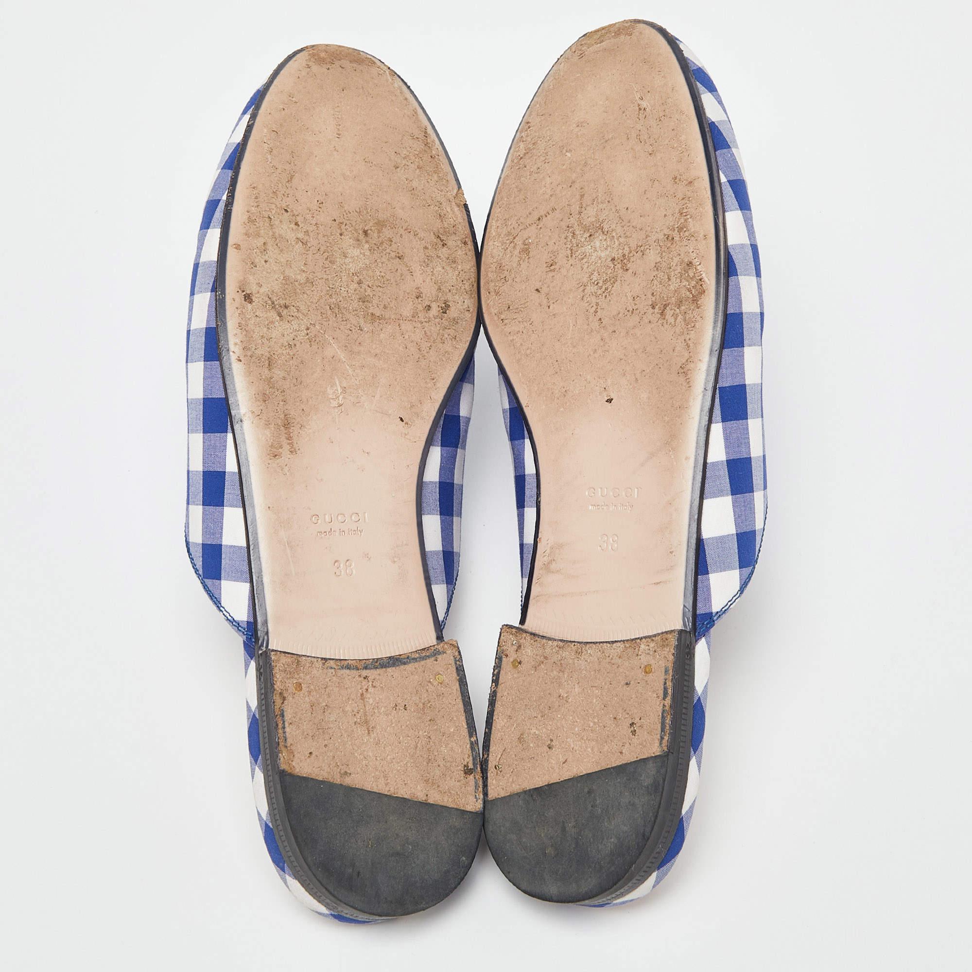 Gucci Blue/White Plaid Fabric Princetown Flat Mules Size 38 For Sale 4