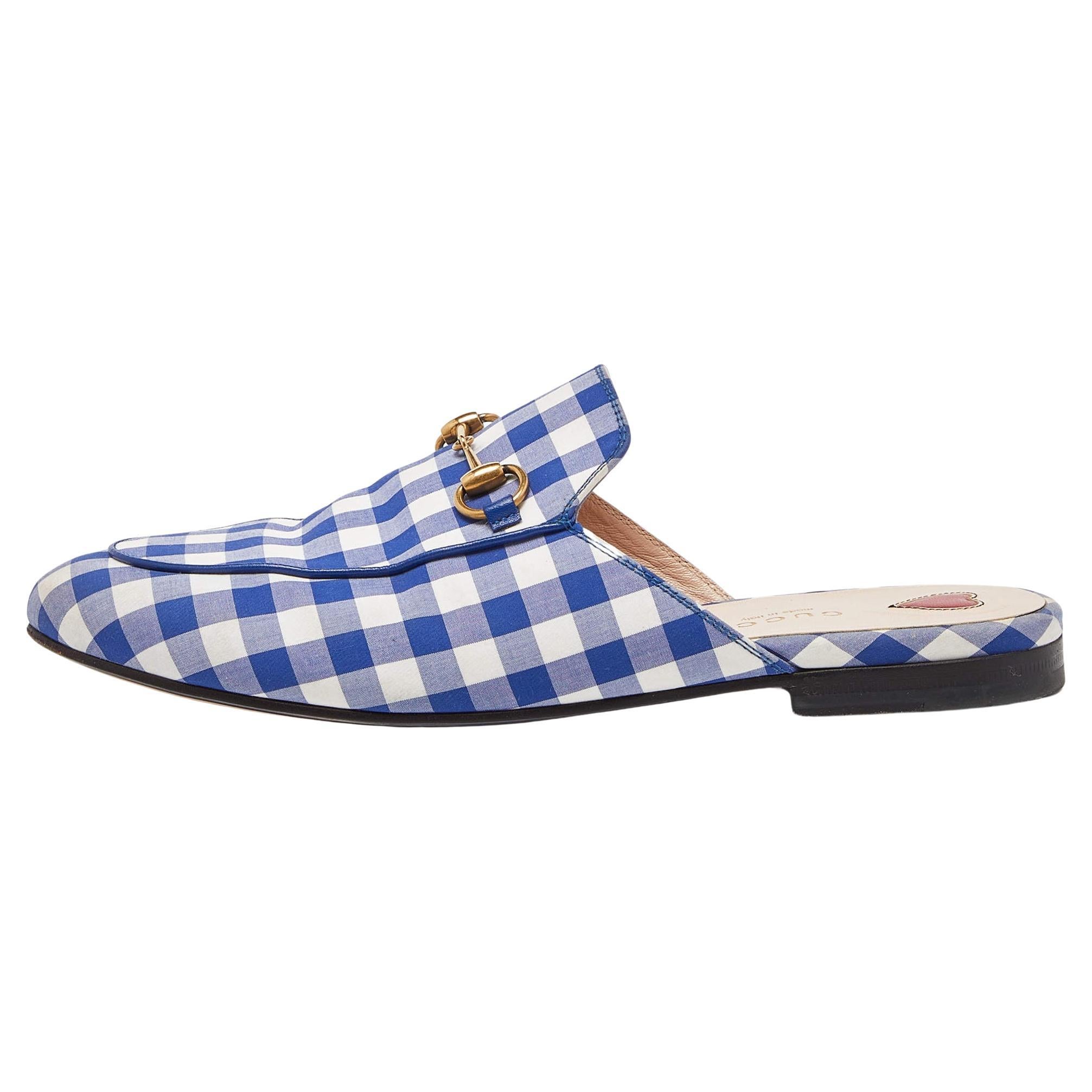 Gucci Blue/White Plaid Fabric Princetown Flat Mules Size 38 For Sale