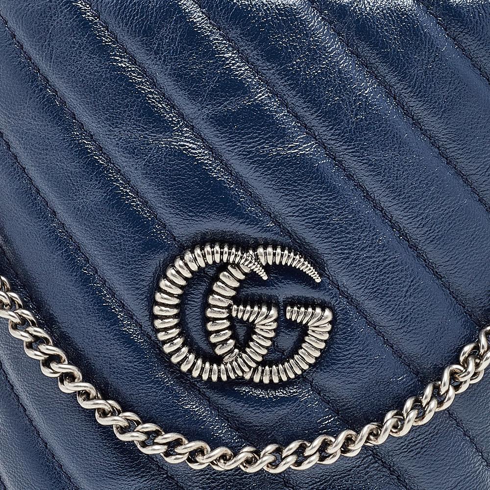 Gucci Blue/White Quilted Leather GG Marmont Bucket Bag 5