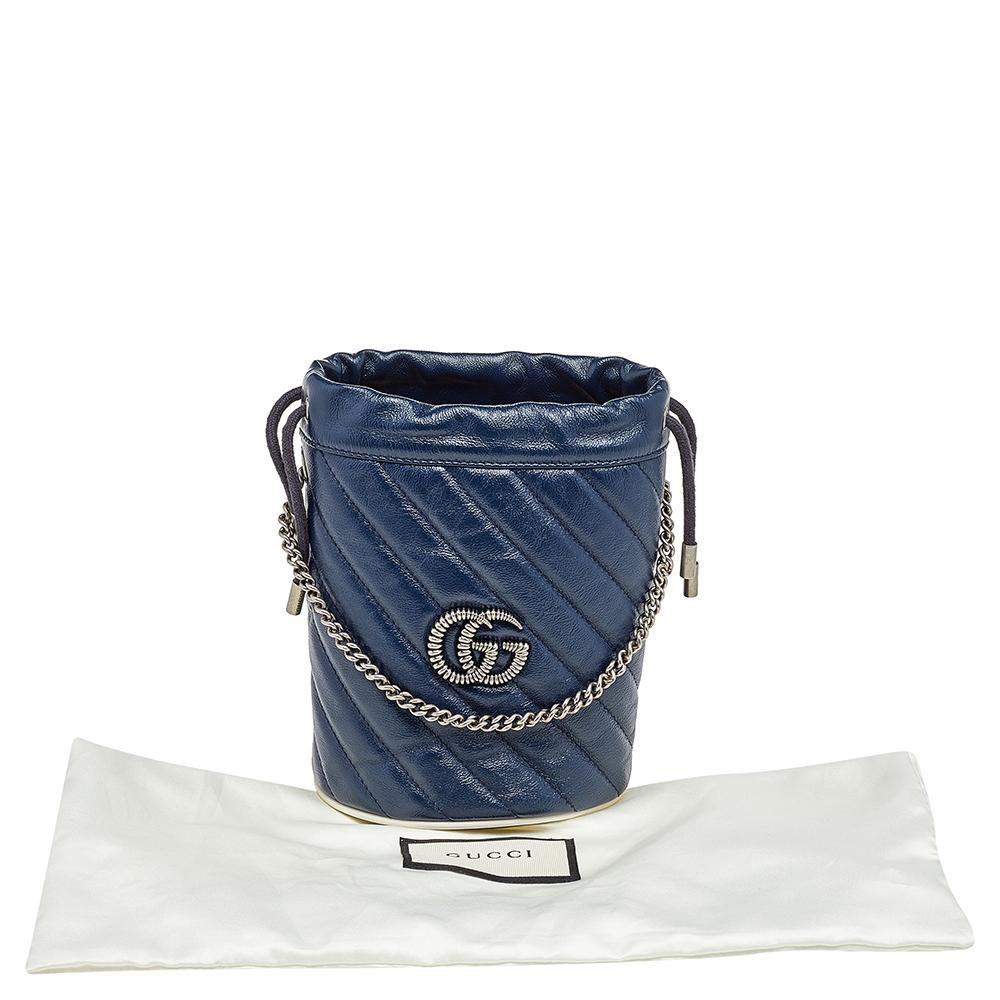 Purple Gucci Blue/White Quilted Leather GG Marmont Bucket Bag