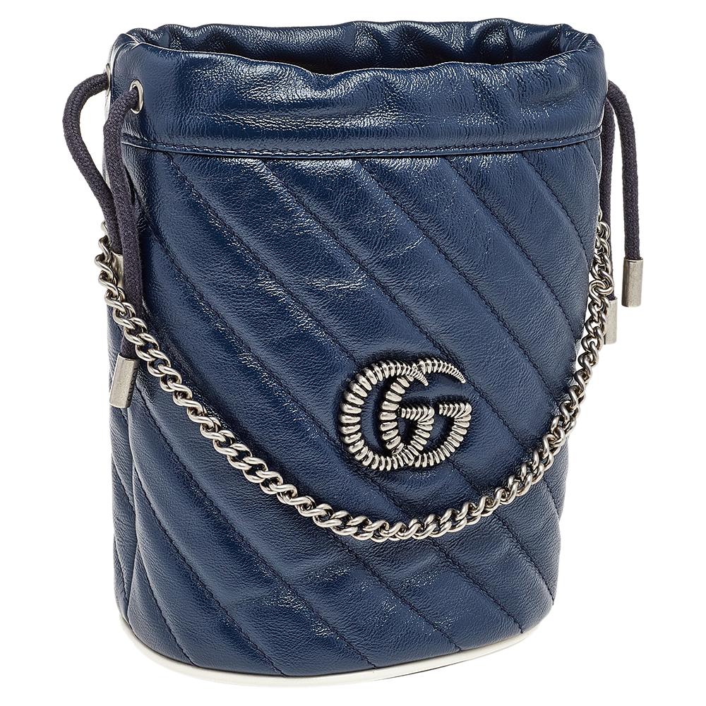 Women's Gucci Blue/White Quilted Leather GG Marmont Bucket Bag