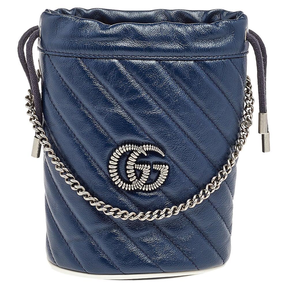 Gucci Blue/White Quilted Leather GG Marmont Bucket Bag