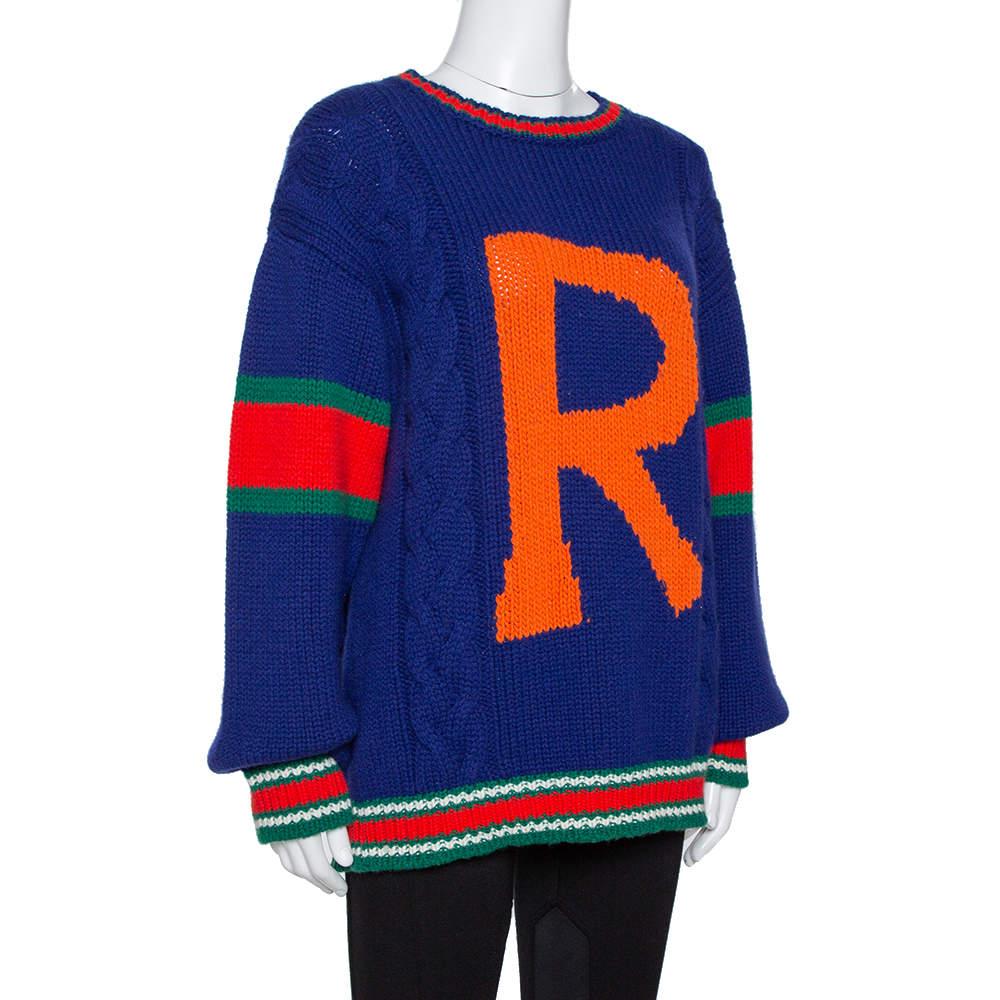 Gucci Blue Wool Cable Knit Letter 'R' DIY Unisex Sweater M In Excellent Condition For Sale In Dubai, Al Qouz 2