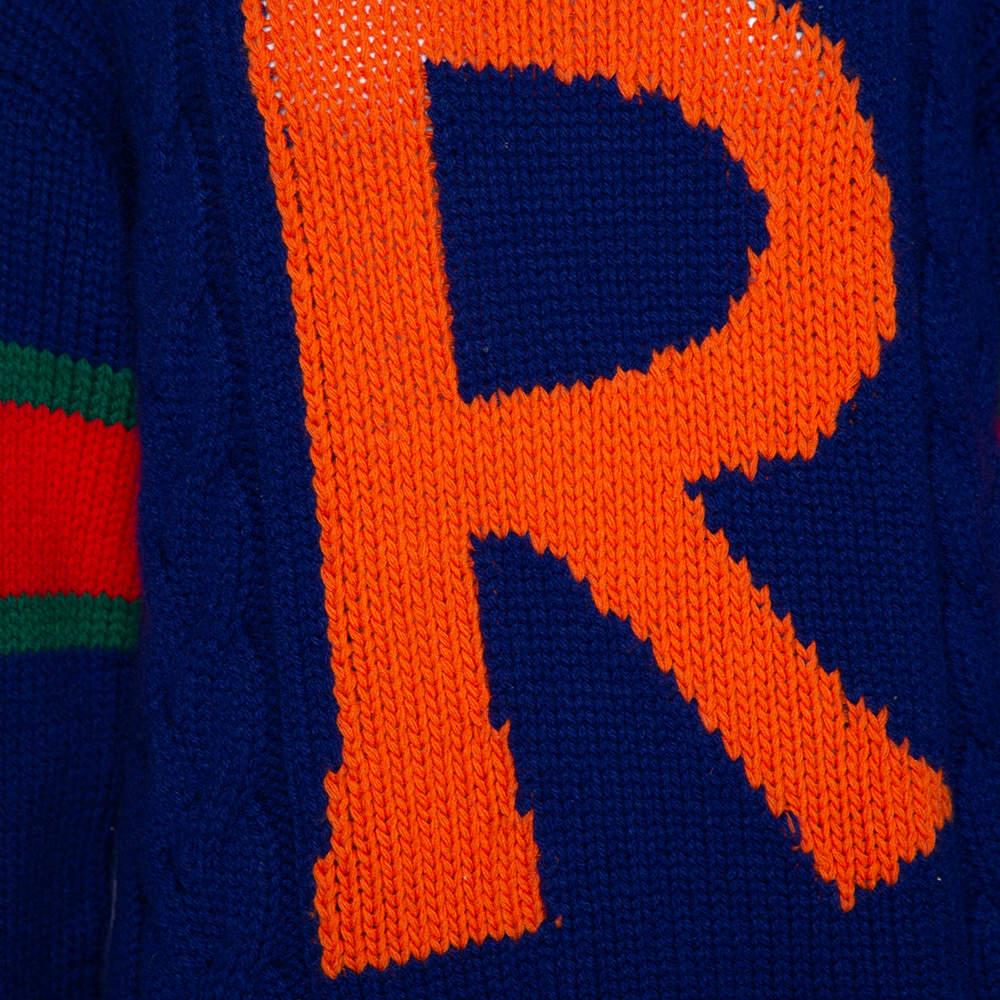 Gucci Blue Wool Cable Knit Letter 'R' DIY Unisex Sweater M 2