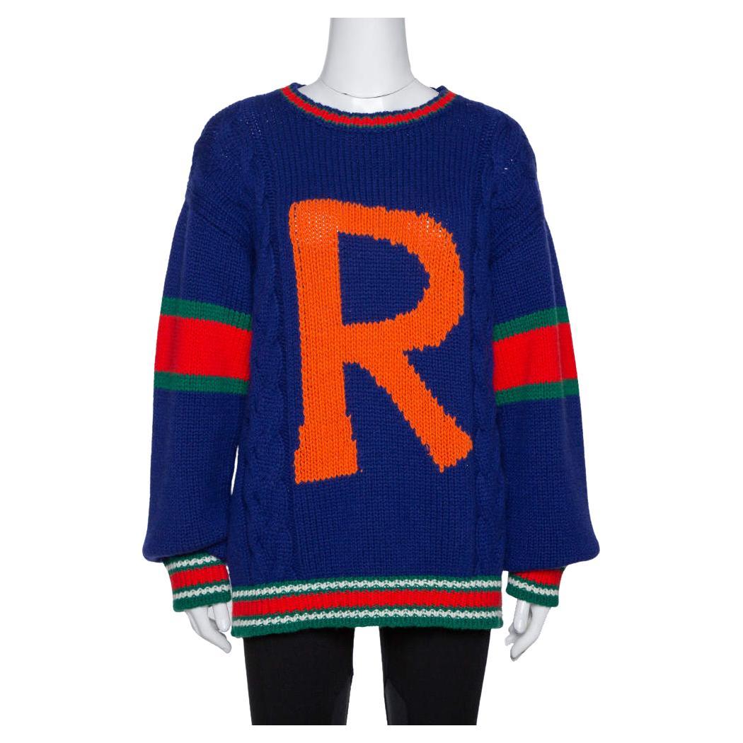 Gucci Blue Wool Cable Knit Letter 'R' DIY Unisex Sweater M