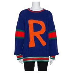 Used Gucci Blue Wool Cable Knit Letter 'R' DIY Unisex Sweater M