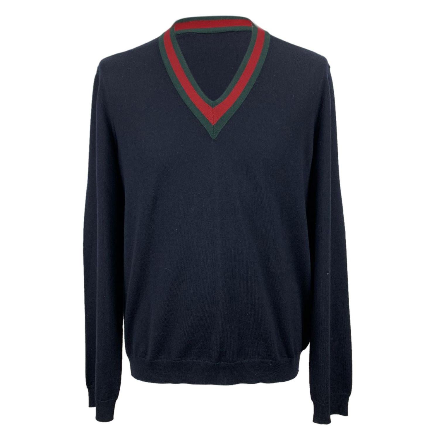 Gucci Blue Wool Web Trim V Neck Men Jumper Sweater Size 2XL