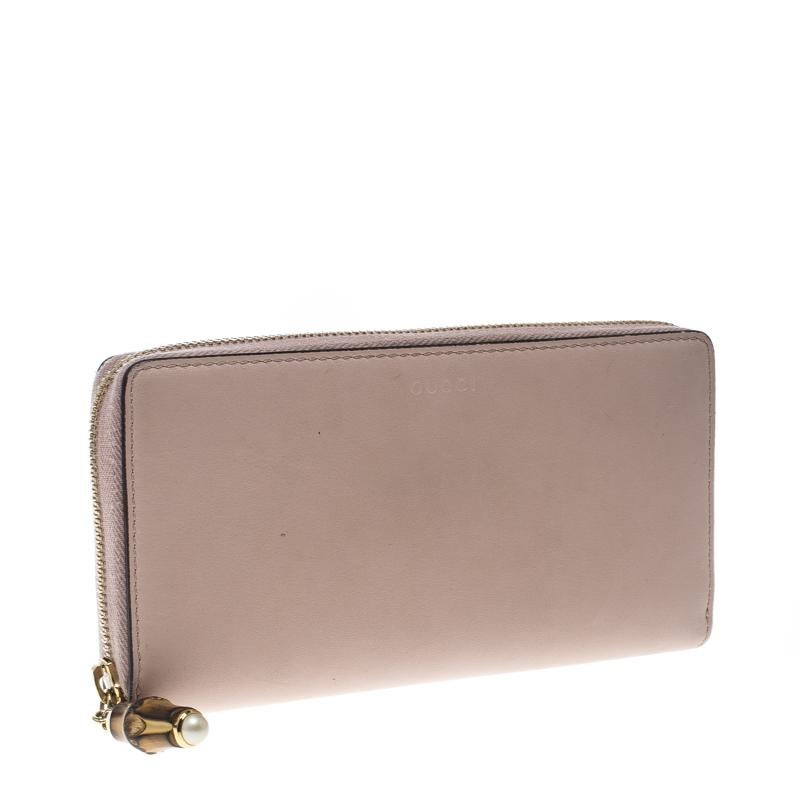Gucci Blush Pink Leather Bamboo Zip Around Wallet 2