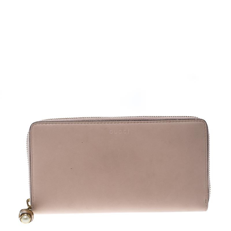 Gucci Blush Pink Leather Bamboo Zip Around Wallet