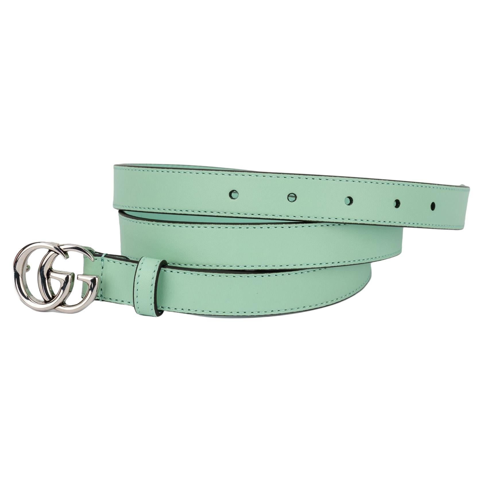 Gucci BN Green Leather GG Thin Belt For Sale