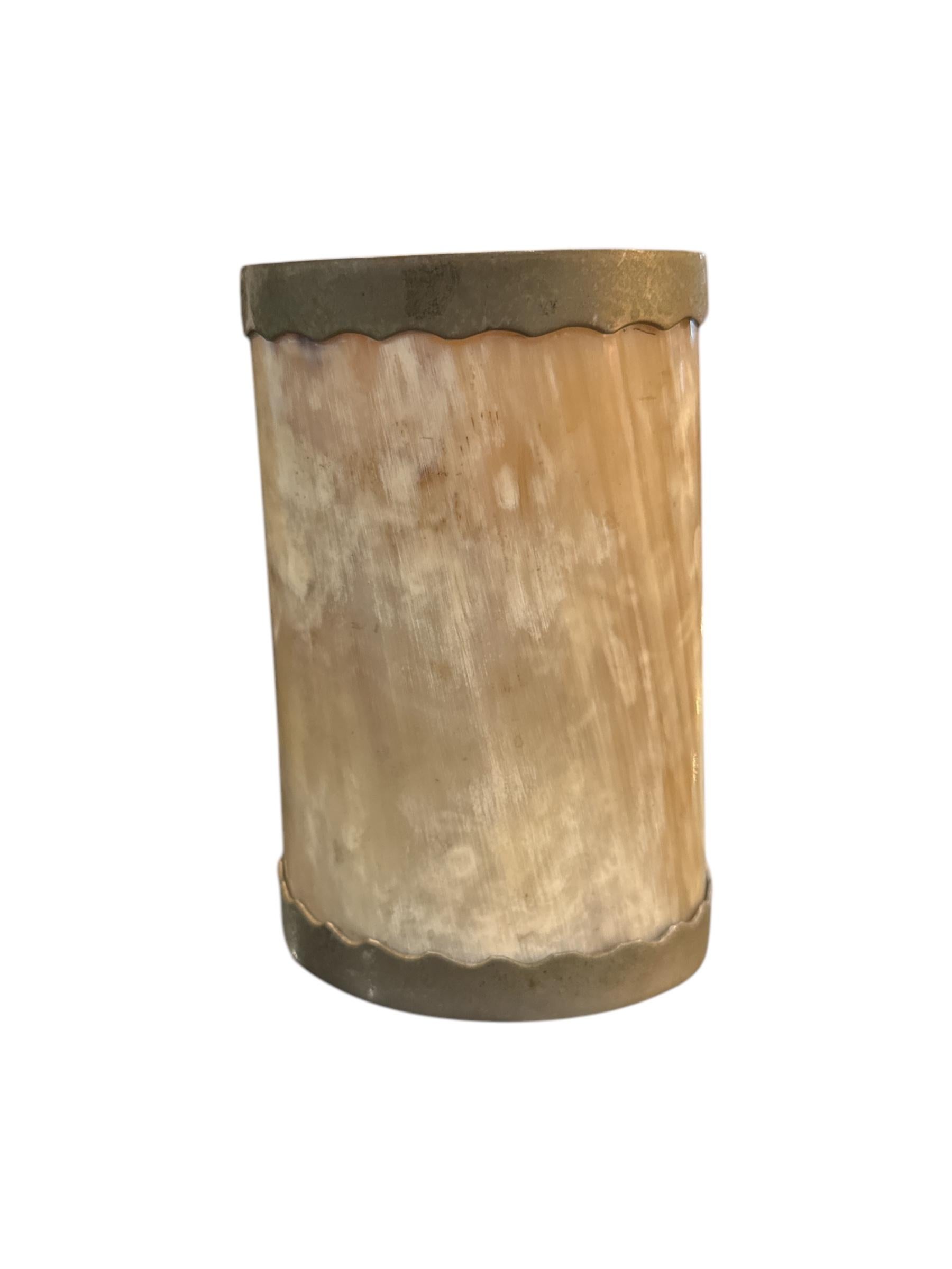 1950s Silvered Nickel Mounted Boar Tusk And Horn Beer Stein Or Mug Retaining Original Leather Gucci Made In Italy Label On Bottom.