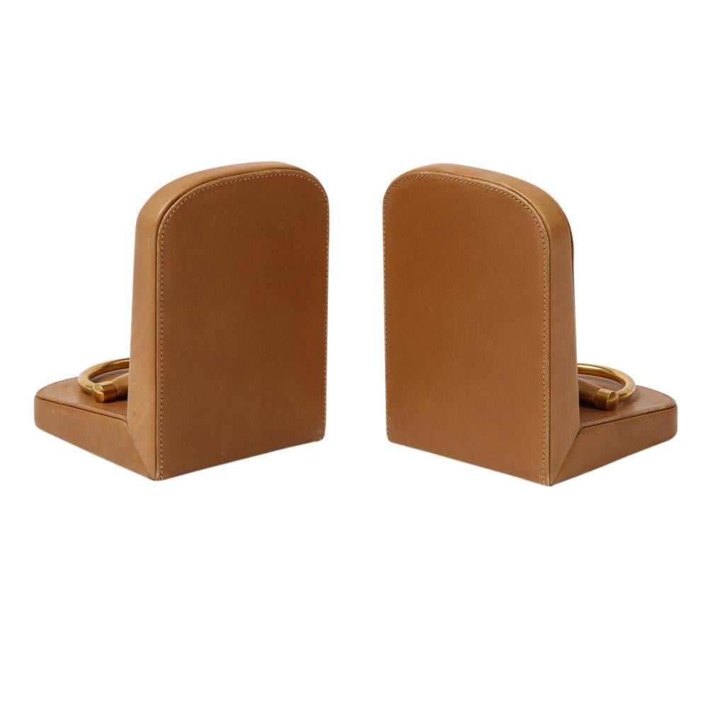 Gucci Bookends, Horsebit, Tan Leather Brass and Wood, Signed In Good Condition In New York, NY